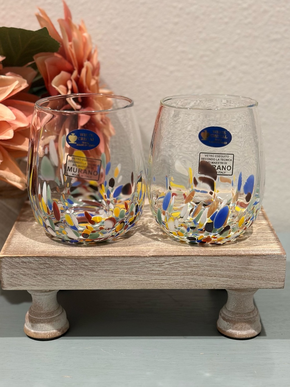 Murano Confetti Stemless Wine Glasses
Hand Blown Italy New Set/2